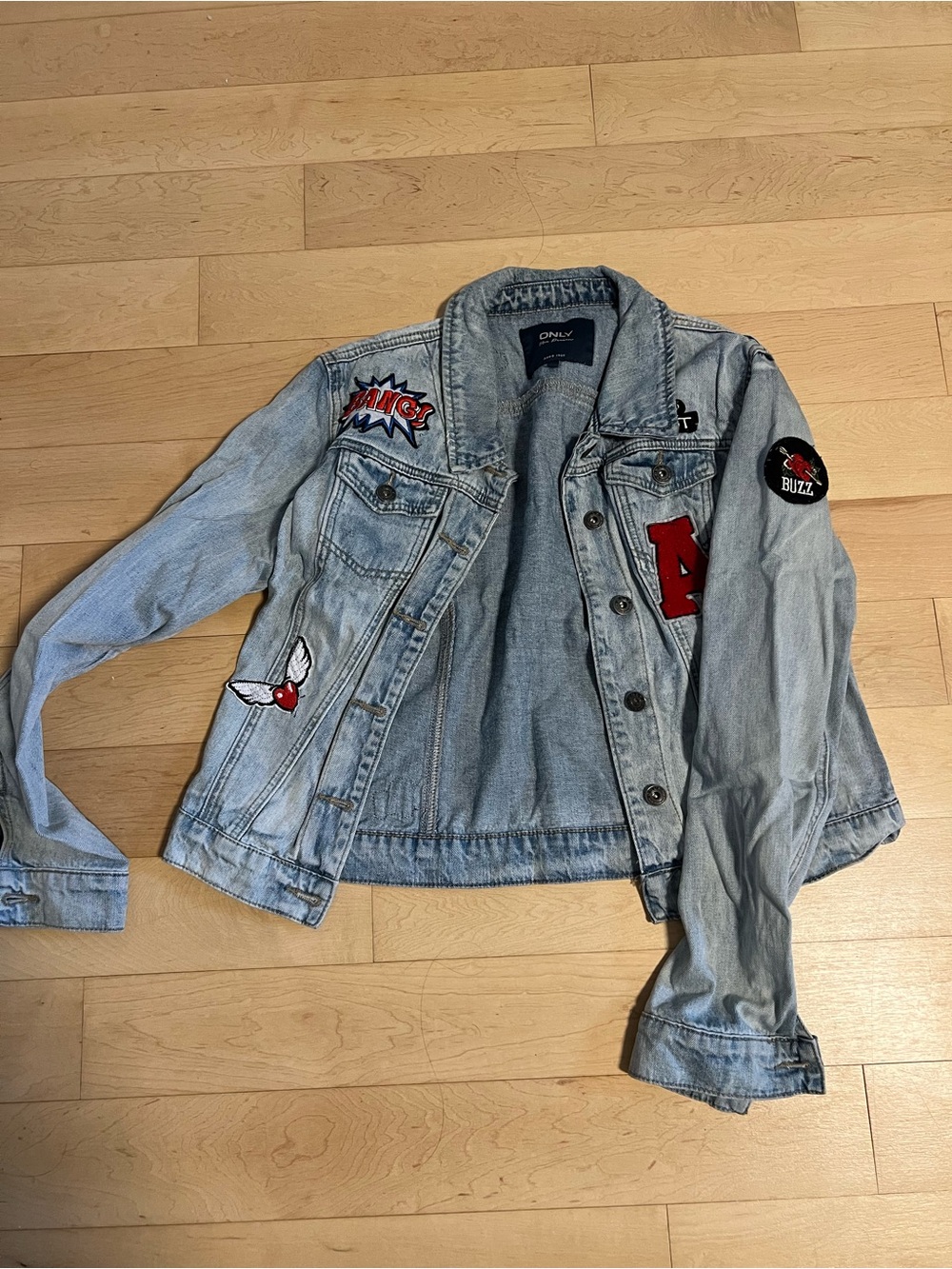Only Light Blue Denim Jacket with Red Patch Accents